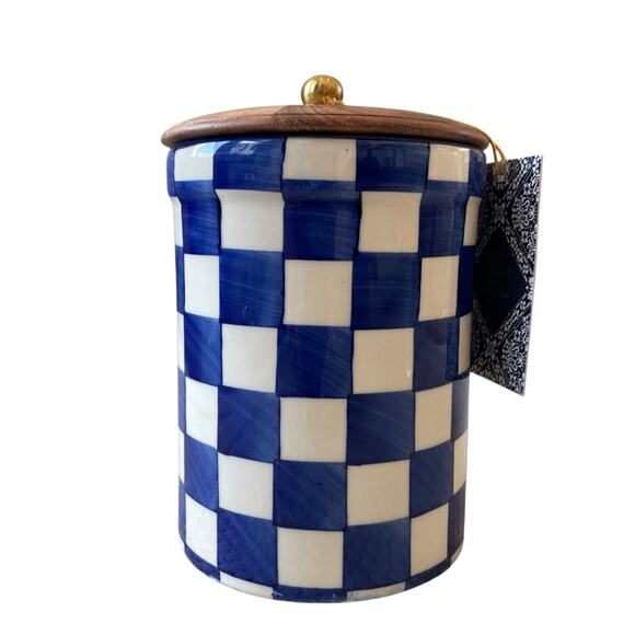 Hand Painted Checkered Ceramic Canister w/ Wood Lid Made in India Blue White NEW - Picture 5 of 16